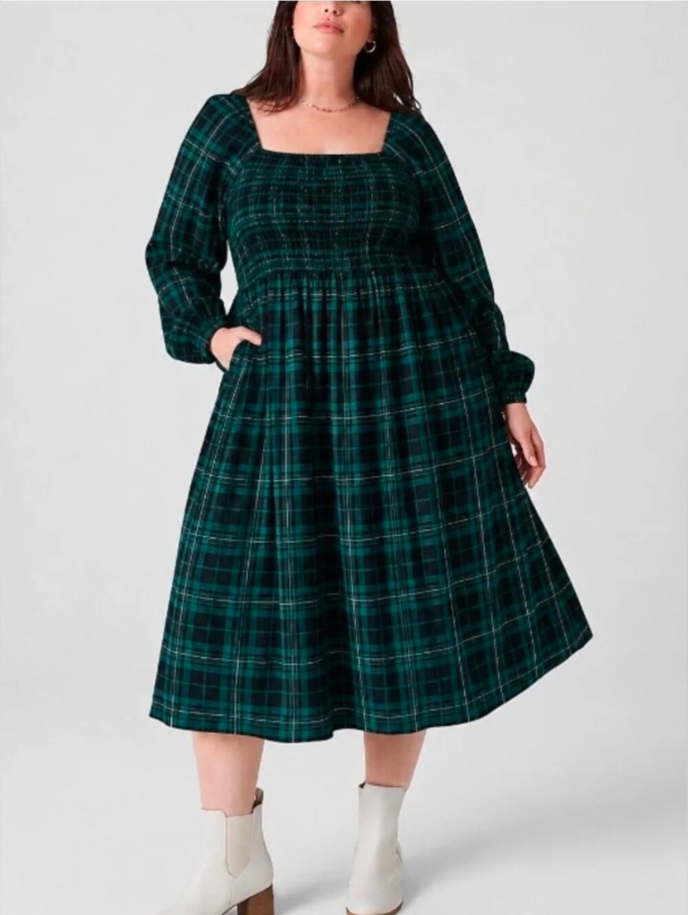 Lane Bryant Dark Green Plaid Smocked Midi Dress Sz 18/20